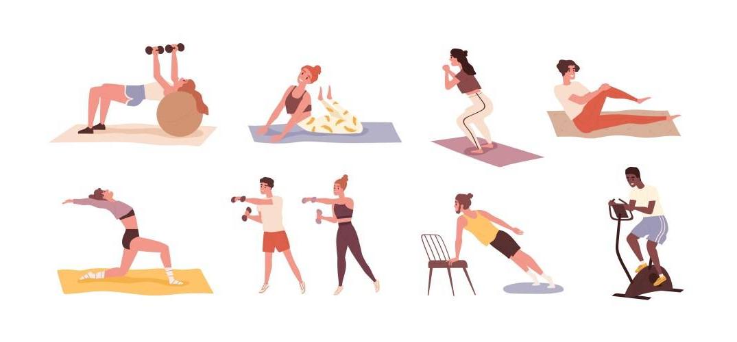 white image of diverse people exercising